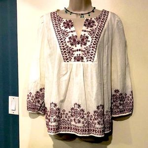 Pretty Embroidered Boho white burgundy blouse top